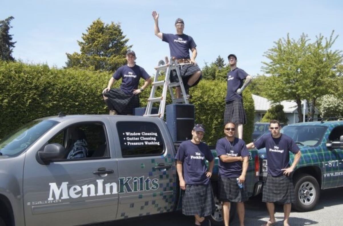 Working holiday in Canada with Men In Kilts window cleaning, around 2009