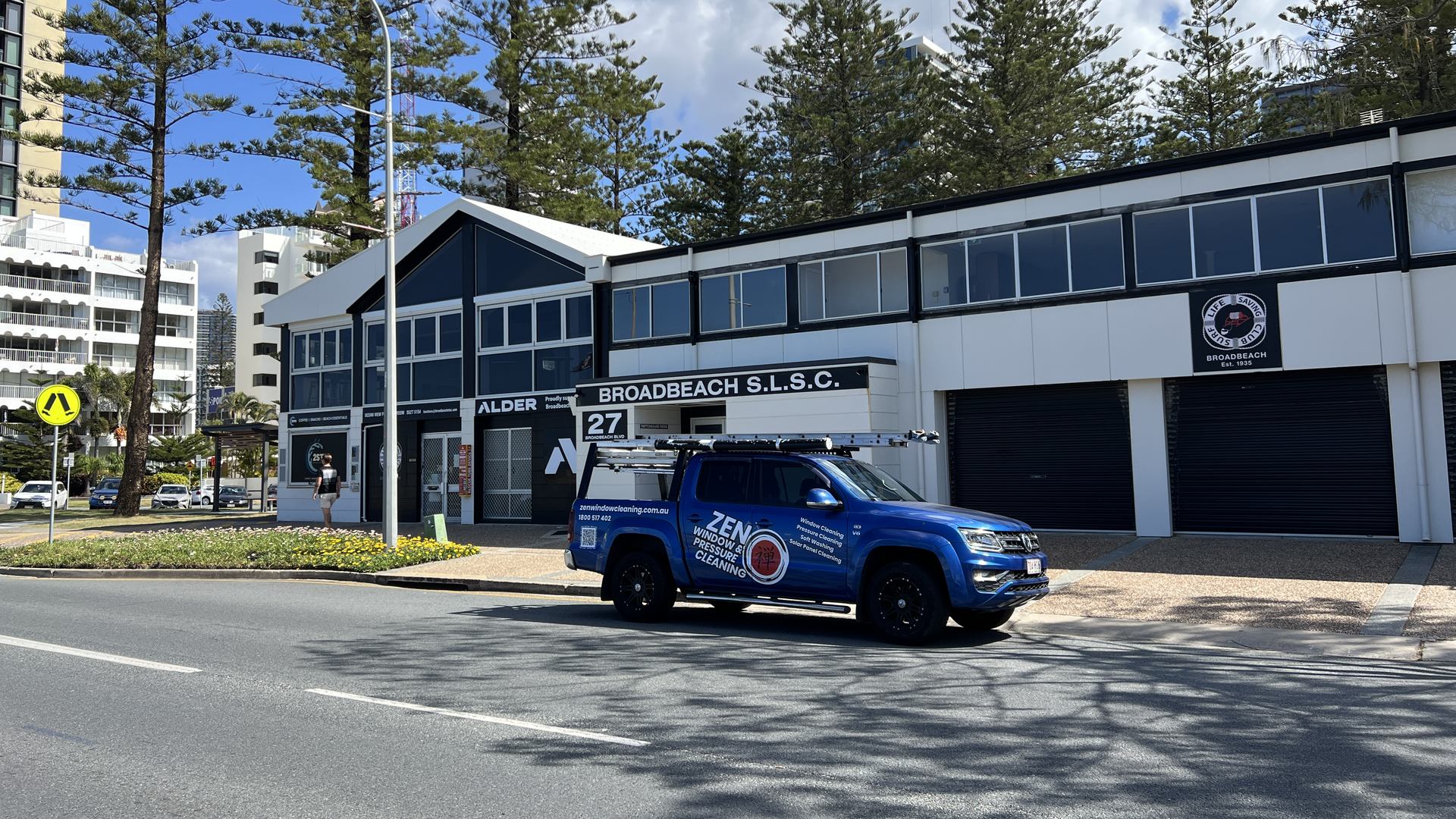 Zen Window Cleaning ute parked outside the Broadbeach Surf Life Saving Club