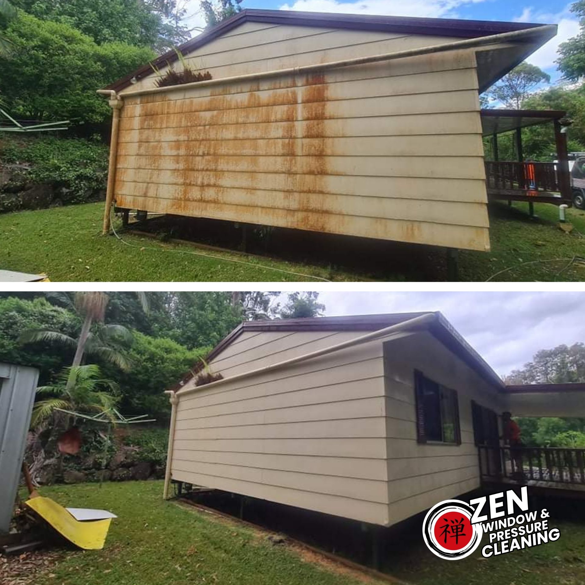 Before and after house wash on a Gold Coast home - cream weatherboard cladding heavily stained orange-brown with organic growth, then cleaned back to its original colour